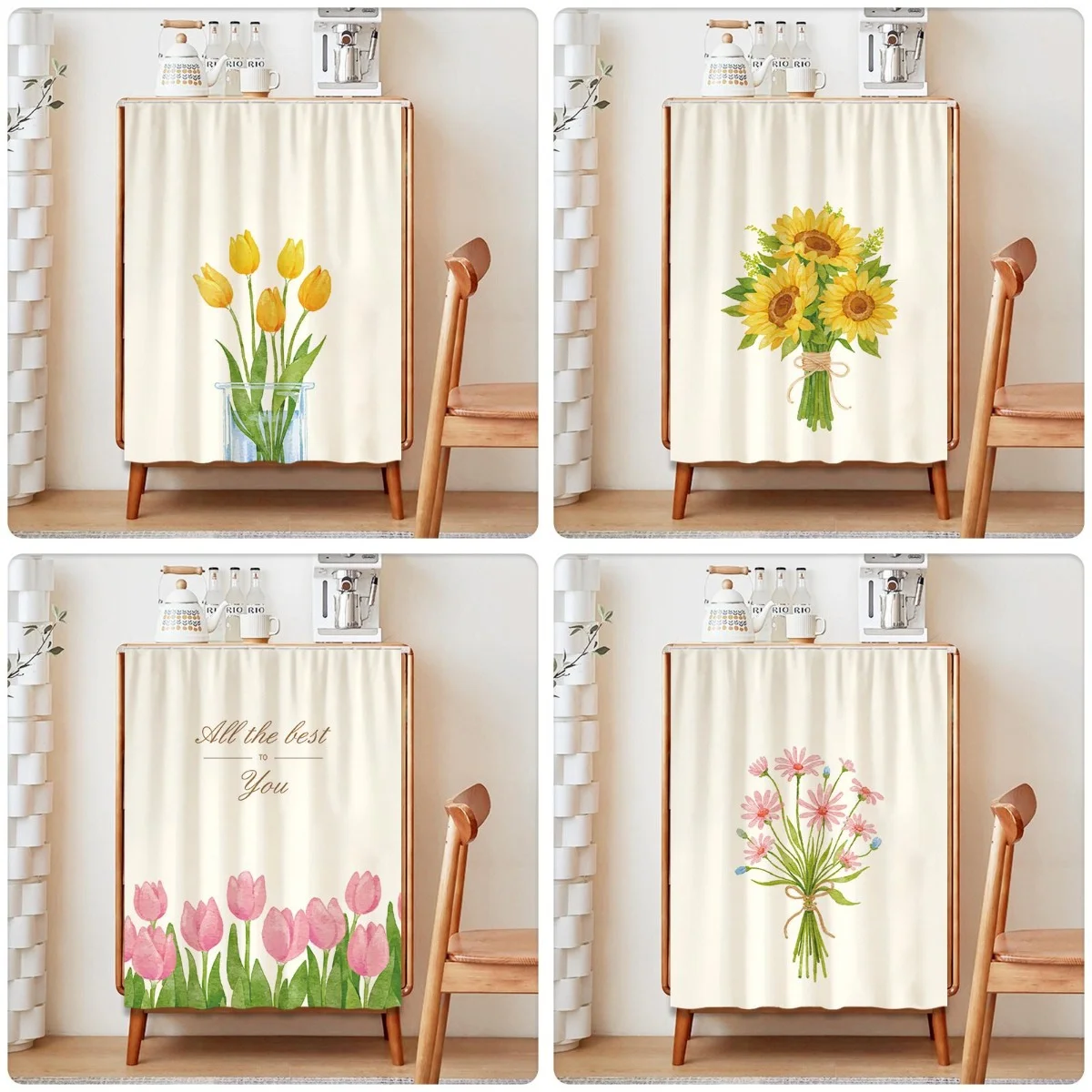 VIKAMA Vorhang mit Blumenmuster und Klettverschluss, staubdichte Abdeckung mit Aquarellblumen für Küchenschrank, Schuhschrank, Heimdekoration