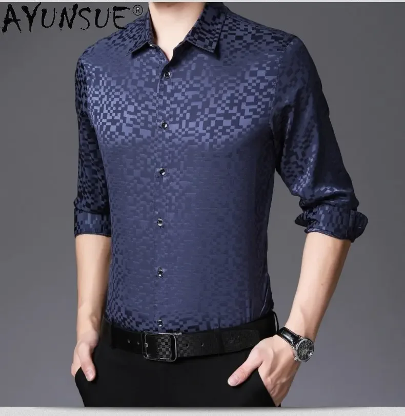 AYUNSUE 92% Mulberry Silk Long Sleeved Shirt Man Silk Shirt Satin T-shirt Solid Color Fashion Casual Tops Men's Clothing Camisas