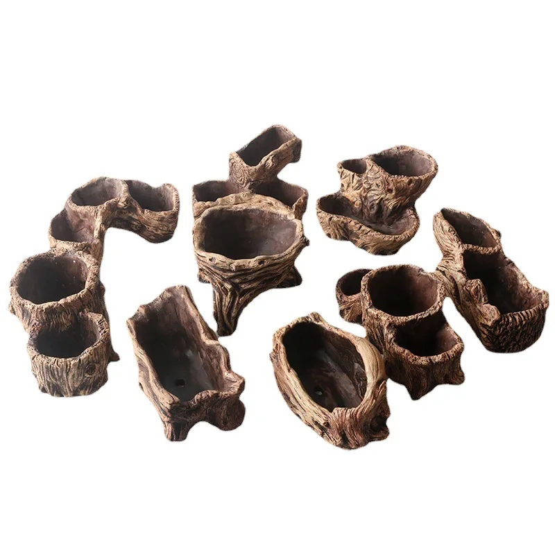 Creative Cement Tree Stump Planter Double Pot Bonsai Root Wooden Style Succulent Flowerpot for Micro Landscape Greenery DIY