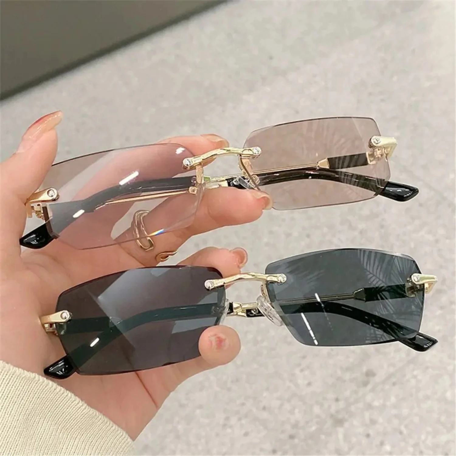 Rimless Sunglasses Rectangle Fashion Popular Women Men Shades Small Square Sun Glasses  Female male Summer Traveling Oculos