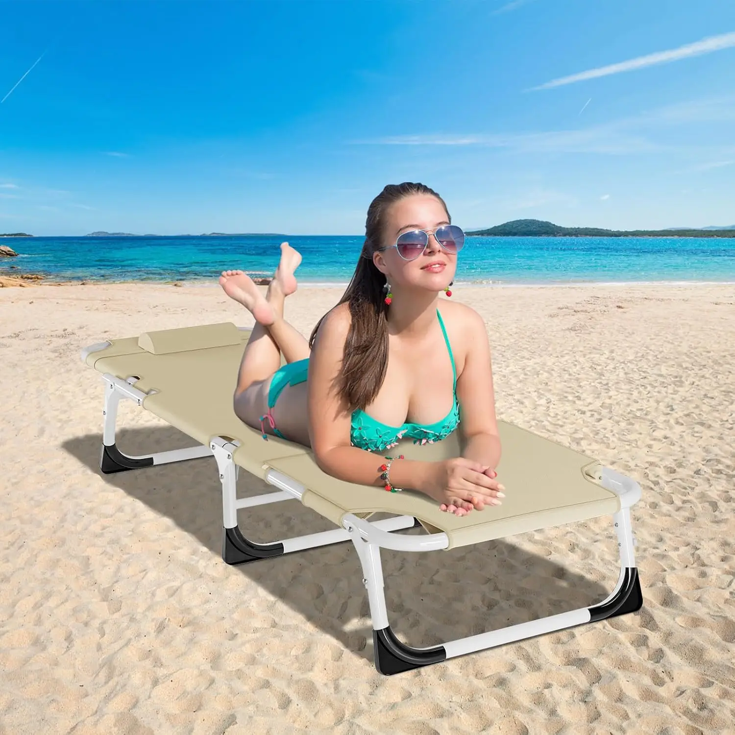 3 in 1 Sun Tanning Chair Oversized with Mat&Face Arm Hole, Heavy Duty Folding Chaise Lounge Chairs, 5-Position Outdoor Lounge Ch