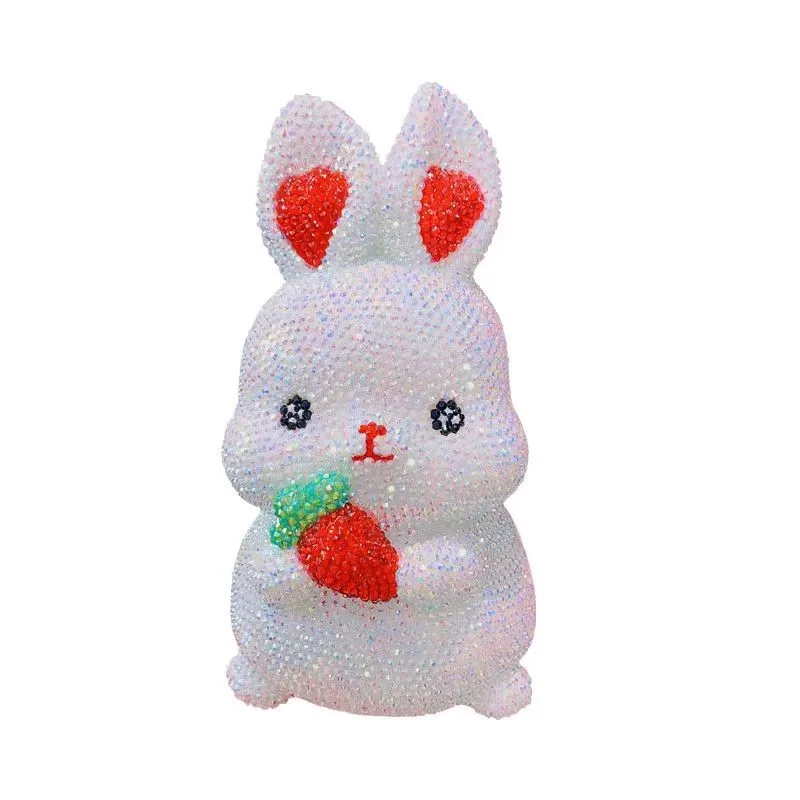 Blinged Cute White Rabbit Coin Deposit Jar DIY Rhinestone Cross Stitch Piggy Bank Statue Mosaic Children's Handicrafts Gift