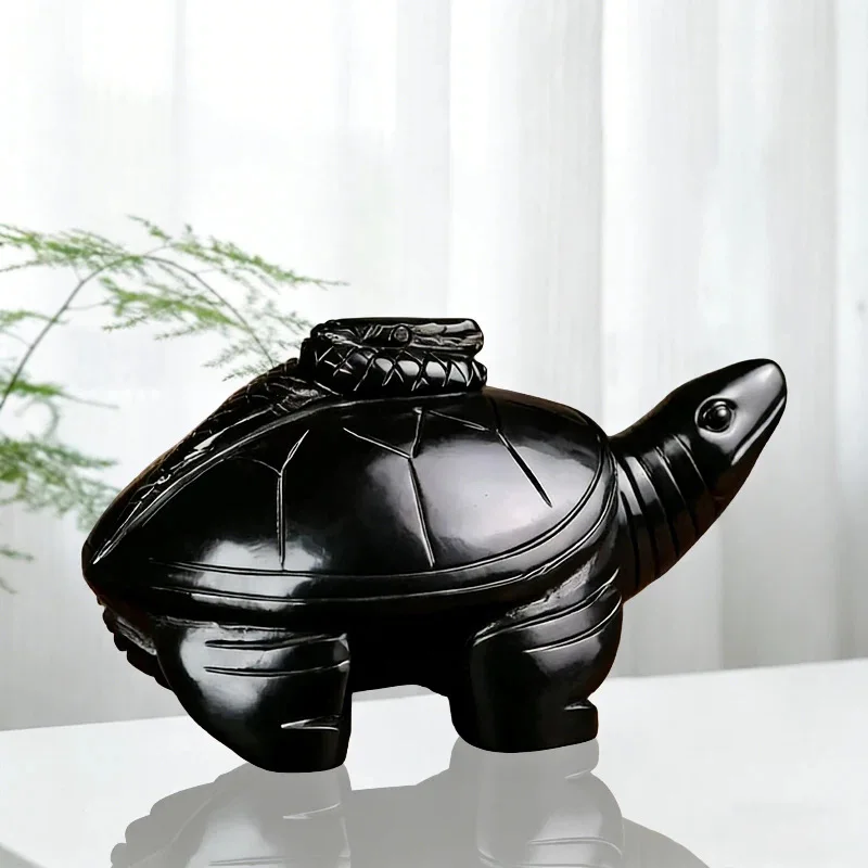 Natural obsidian basalt turtle ornament, snake-turtle for home protection, wealth attraction, and good fortune, office entrance