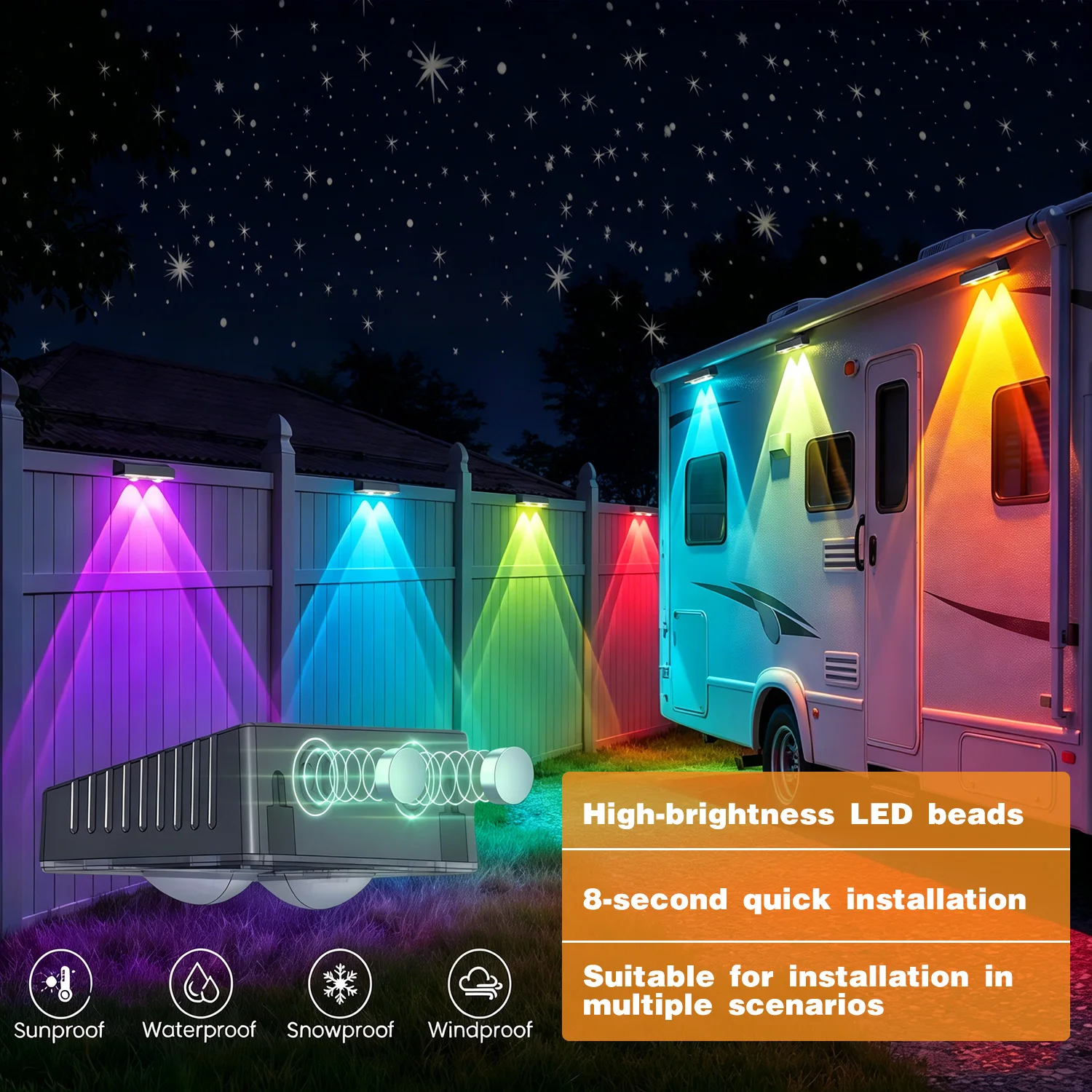 4-Piece Outdoor Solar Fence Decorative Light Set — 3 Adjustable Lighting Modes | IP65 Professional-Grade Waterproof LED Patio Lights | Secure Magnetic Base for Easy Installation | Suitable for Backyard Fences, Steps, Decks, and Walls