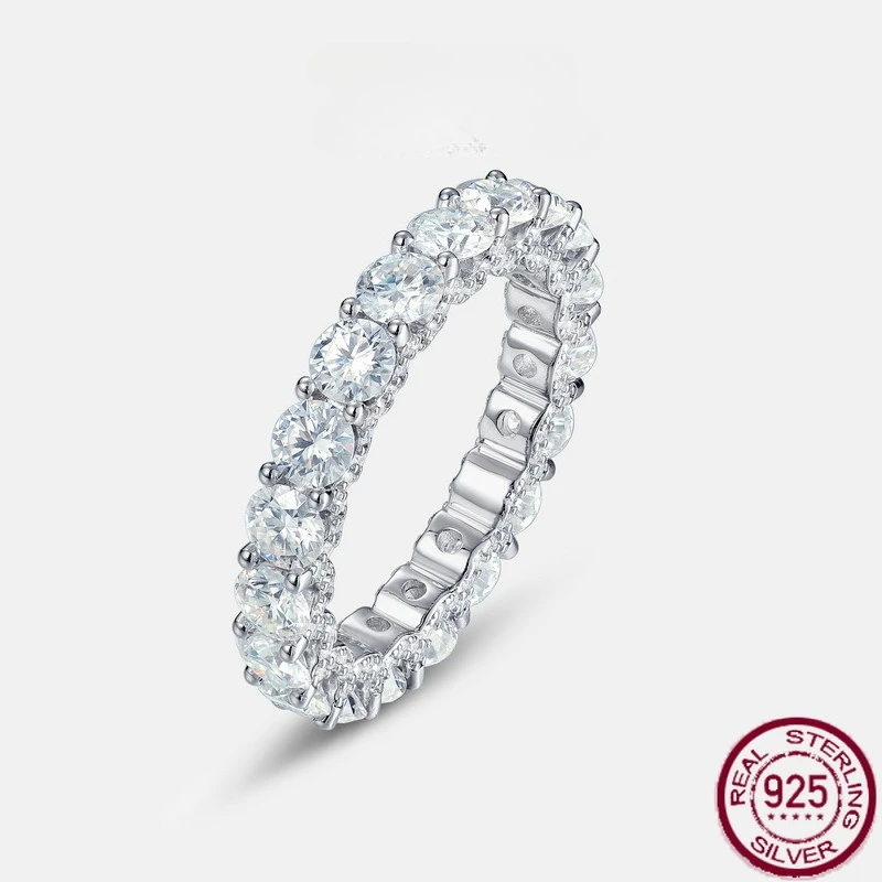 

New S925 pure silver single row full diamond moissanite sparkling gemstone ring, European and American style wedding jewelry