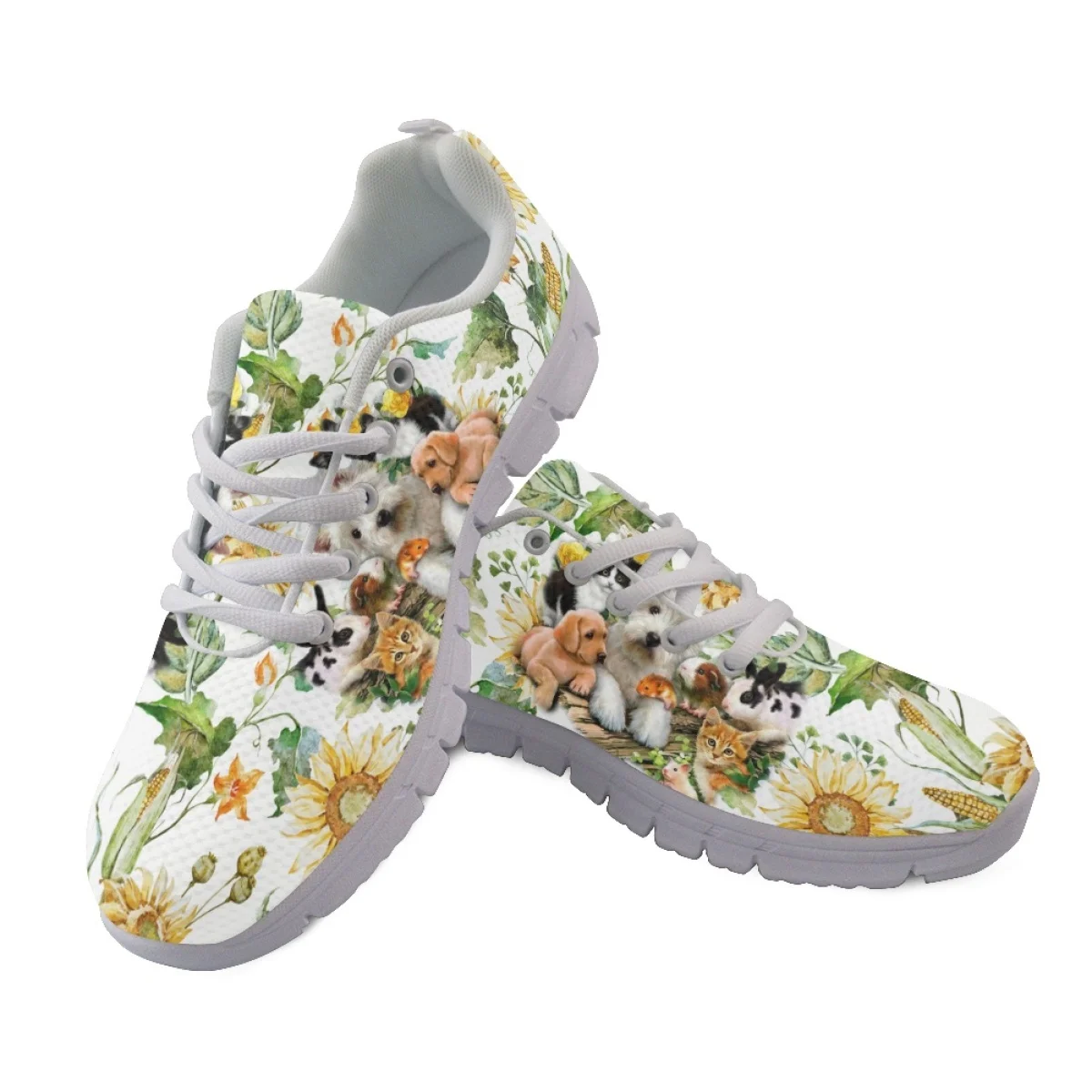 INSTANTARTS Fashion Sunflower Print Ladies Casual Sneakers 3D Dog Design Women Flat Shoes Lightweight Lace up Footwear Zapatos