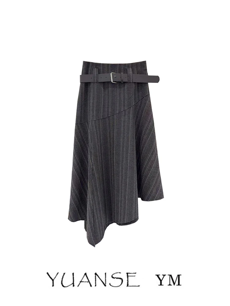 High Waist Midi A-Line Skirt Women's Spring Autumn Stripe Patchwork Slimming Personalized Vintage Half-length Skirt