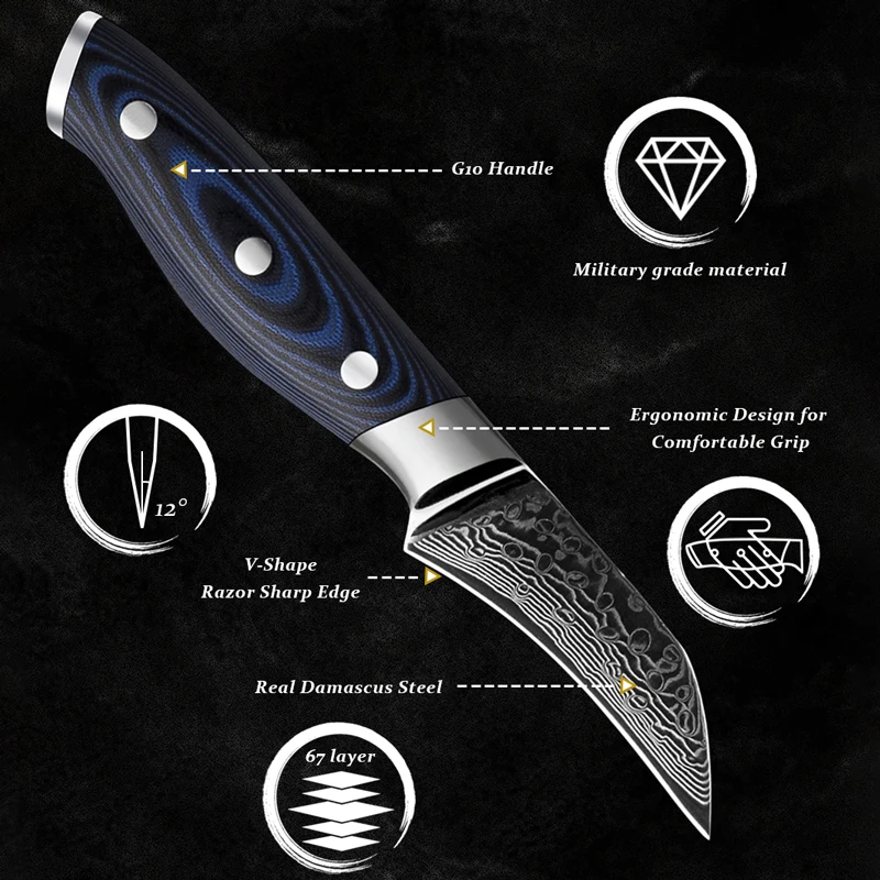 2.7 Inch Paring Knife 67 Layers Damascus Steel Kitchen Knives Fruit Peeler Vegetables Cutlery Tools with G10 Handle Grandsharp
