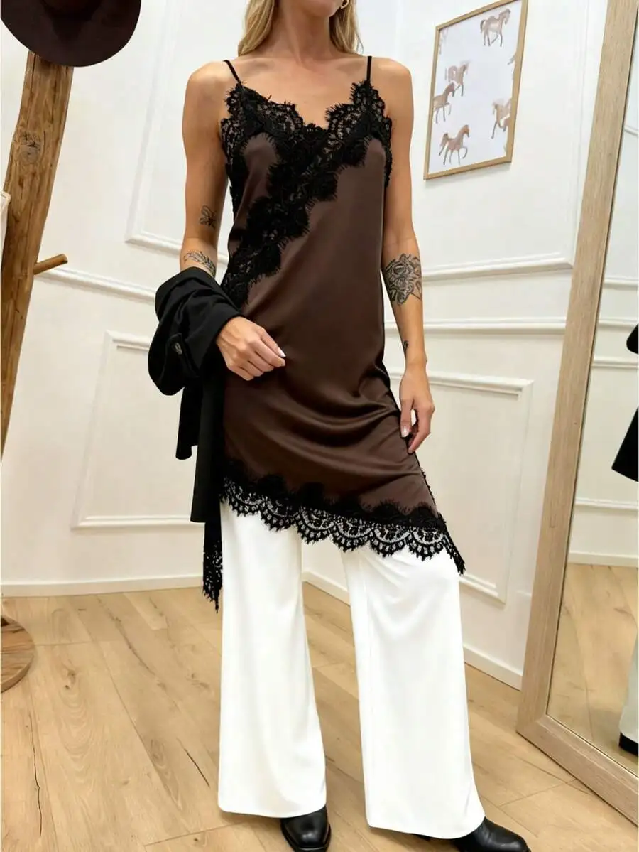 

Women Asymmetrical Lace Satin Spaghetti Strap Long Camisole Slip Dress