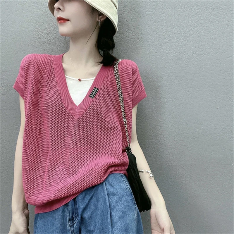 Vrouwen Zomer Koreaanse Stijl Hollow Knit T-shirts Casual V-hals Korte Mouw Tees Effen Kleur Slim Alle Match Nep twee Stukken Tops