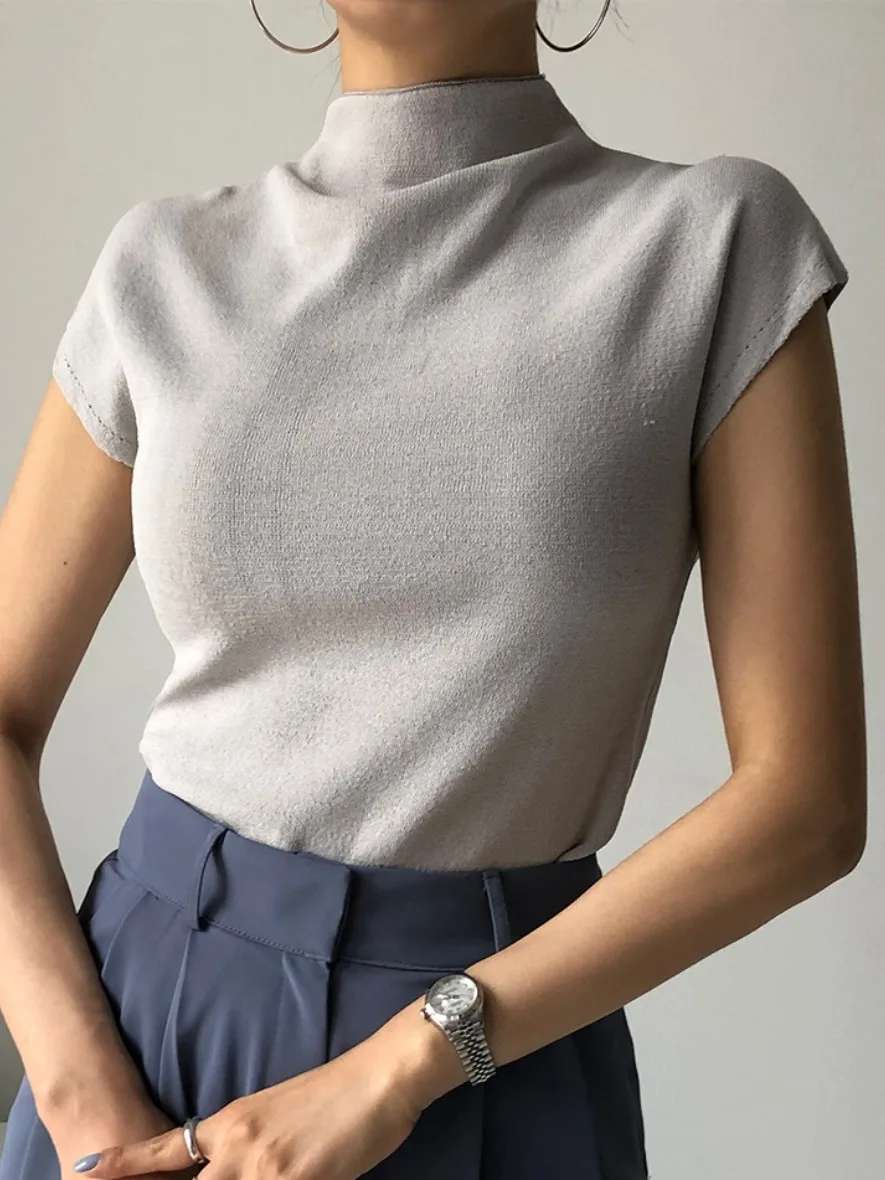 

Ele Summer Anti-Aging Retro Design Knitted Top Women's Zipper Ba f High Collar Knitwear Faionable Ladies' Sweater