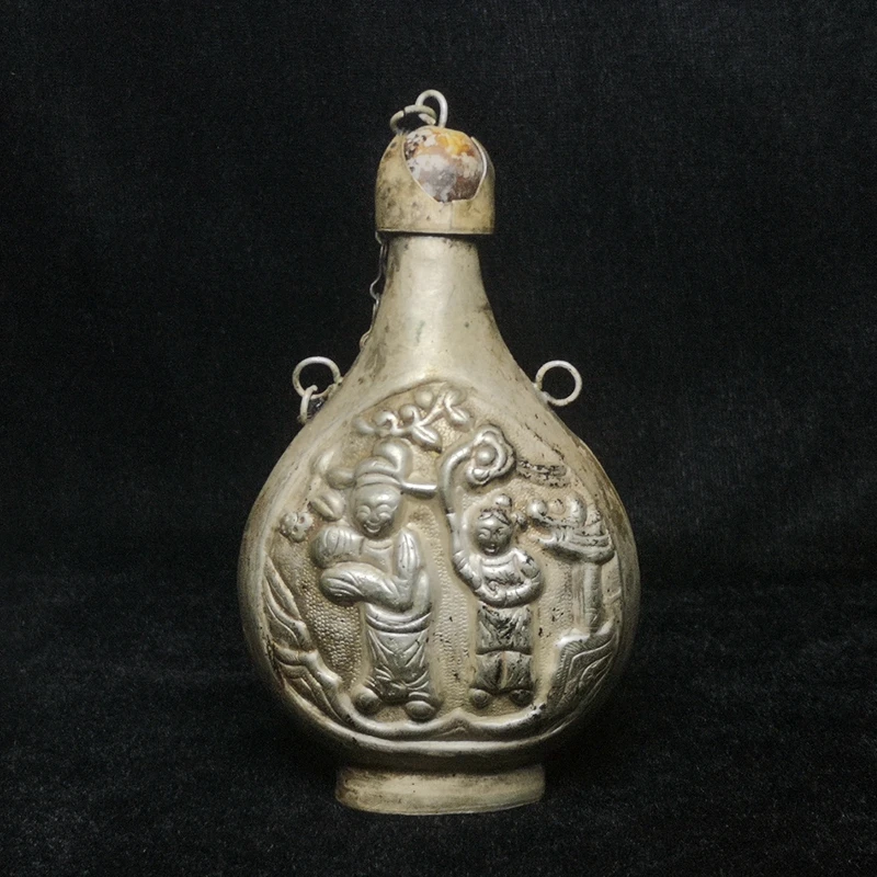 

YIZHU CULTUER ART Size 3.7 Inch Collection Old China Tibet Silver Handmade Sculpture Figure Statue Snuff bottles