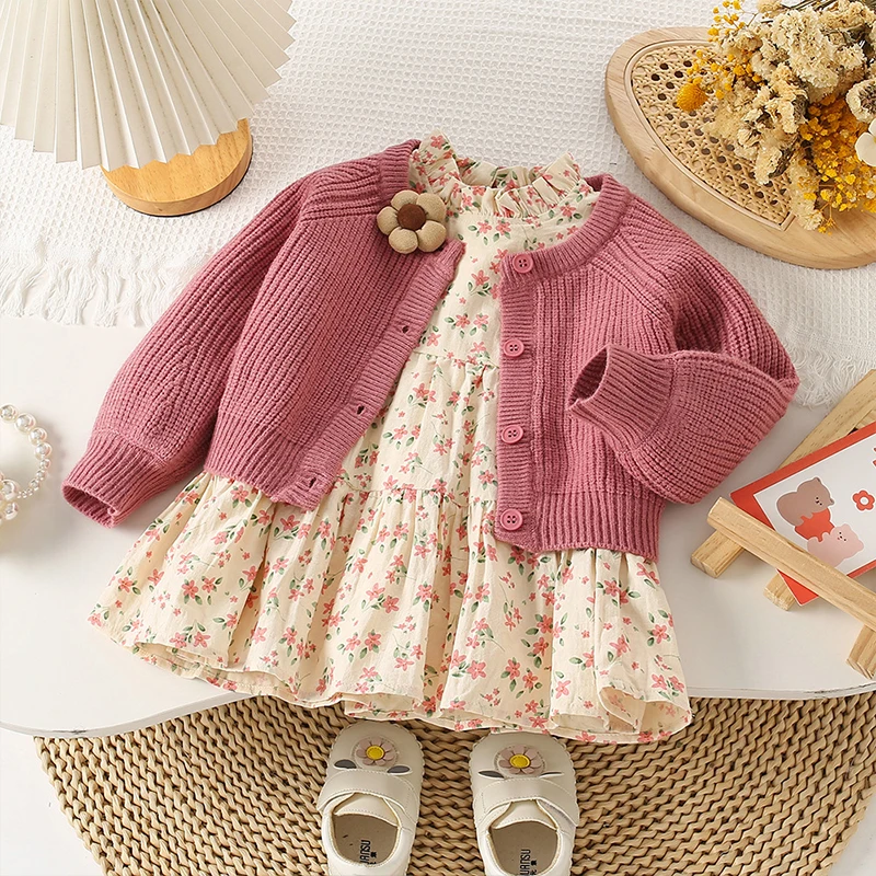 

2024 Kids Autumn Clothes Set Sweet Girls Sweater Jacket+Floral Print Dress 2pcs Knit Cardigan Dress Suit for Children 2-7Years