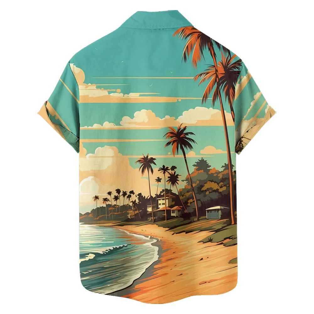 Original summer sunset beach leisure travel large size short sleeve shirt Hawaiian style retro digital print loose trend shirt