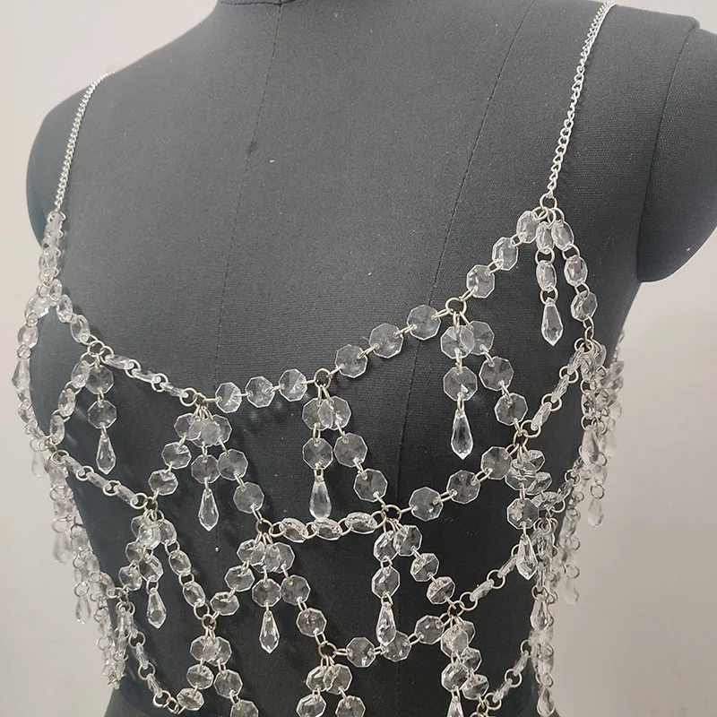 Fashion Sexy Beading Top Sleeveless Hollow Out Crystal Bra Female Trending Spring 2023