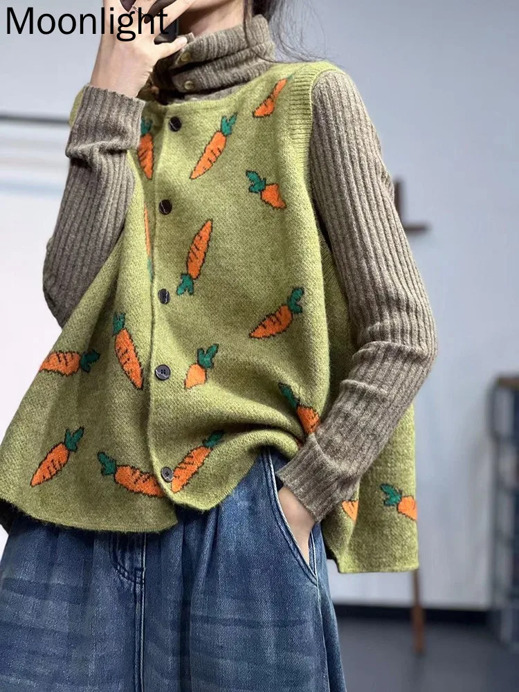 Vintage Carrot Print Knitted Vest Coat Women Autumn Fashion O-neck Casual Loose Oversized Waistcoat Female Sleeveless Cardigan