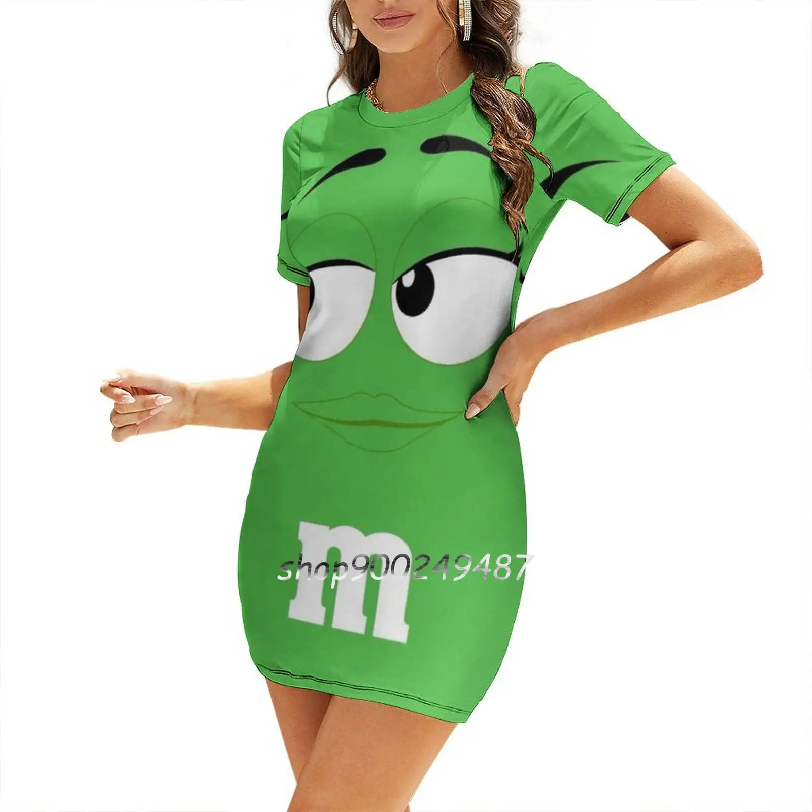 Green M&M Face Sweet Elegant Dress Women Korean Kawaii Square Collar Dress Green M M Face Halloween Costume Halloween Costume