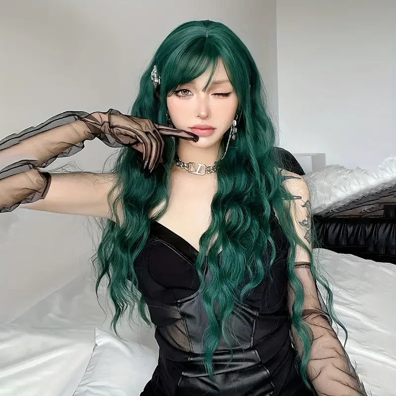 EASIHAIR Long Green Curly Wavy Synthetic Wig with Bangs Dark Green Colorful Cosplay Wigs for Women Natural Hair Heat Resistant image 3