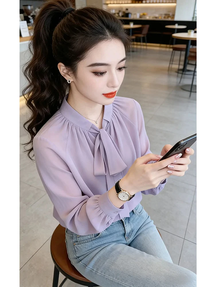 

Purple Bow Tie Bubble Sleeve Shirt Women's Spring Autumn New Fashionable Youthful High-End Feeling Loose Fit Casual Style Top