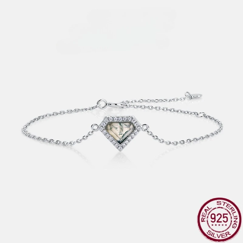 

New S925 pure silver geometric design, water grass agate inlaid with green moss stone bracelet, light luxury wedding jewelry