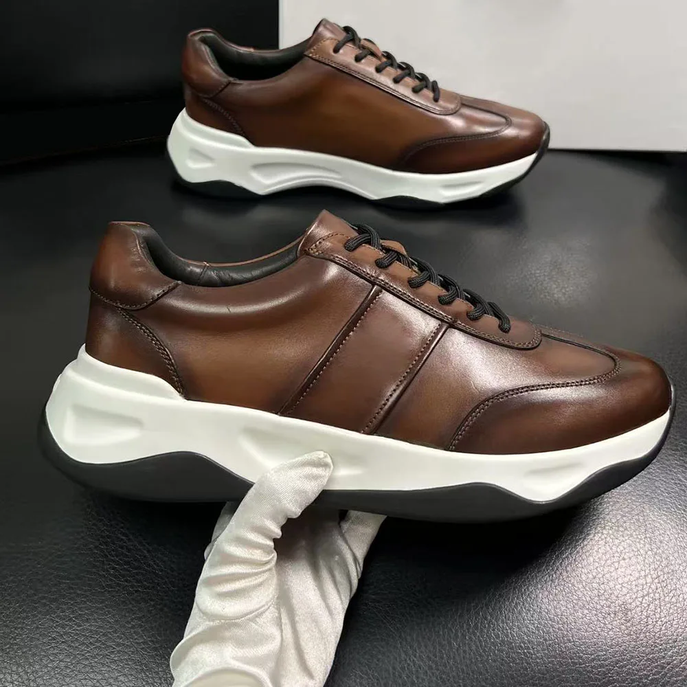 2026 Top Quality New Men Vintage Brown Polished Leather Sneakers Thick Sole Height Increasing Casual Shoes Walking Shoes