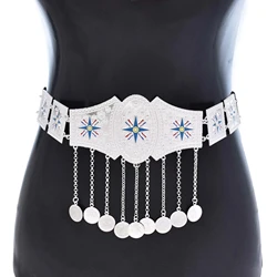 Silver Plated Square Carved Flower Coins Waist Chains Red White Blue Star Flag Pattern Assyrian Kurdish Ethnic Belt Body Jewelry