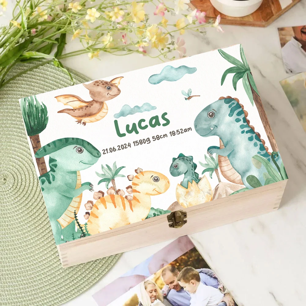 

Personalized Dinosaur with Name Baby Wooden Memory Box Newborn Shower Gift Keepsake Infant Birth Stats Box Umbilical Cord Boxes