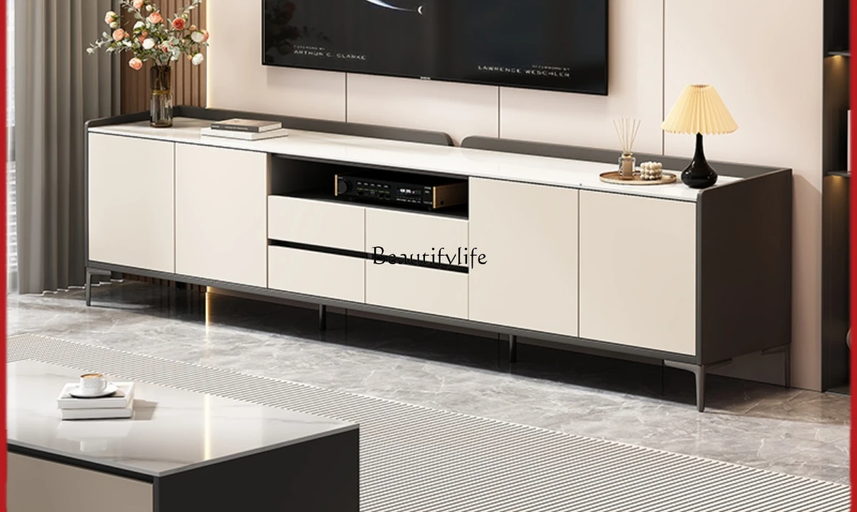 

Modern simple rock slab TV cabinet cream wind small apartment floor cabinet customization