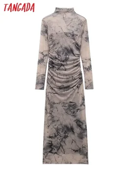 Tangada 2024 Kadın Baskı Pilili Örgü Elbise Uzun Kollu Seksi Kadın Standı Yaka Maxi Elbiseler 3H406