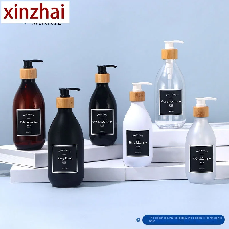 Black high-value 500ml hand sanitizer bottle light luxury bamboo and wood pump head pressing lotion bottle shampoo bottle