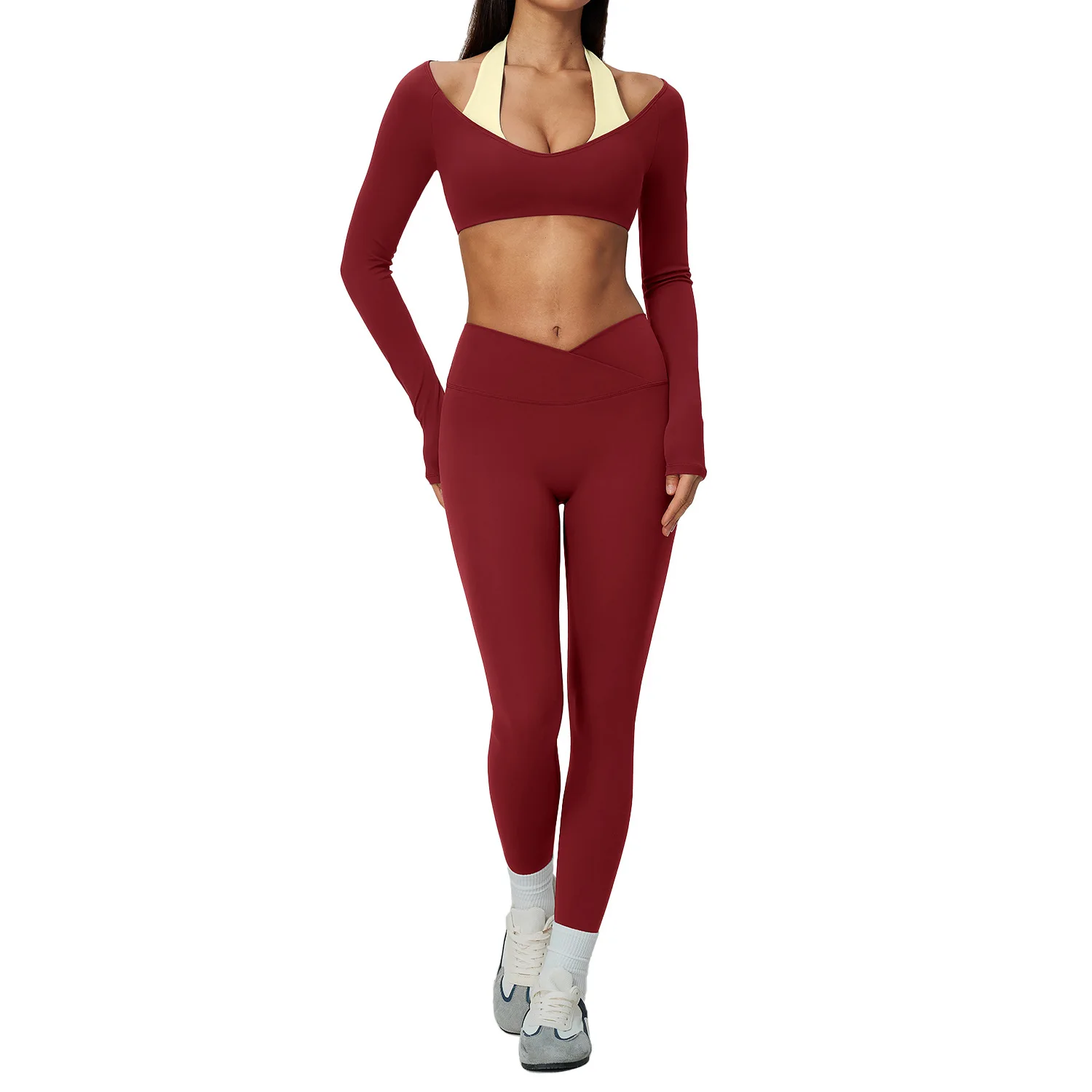 2in 1Yoga Outfit for Women Fake Two-piece Long Sleeve V Neck Crop Top High Waist Crossover Leggings Stretchy Pilate Workout Suit