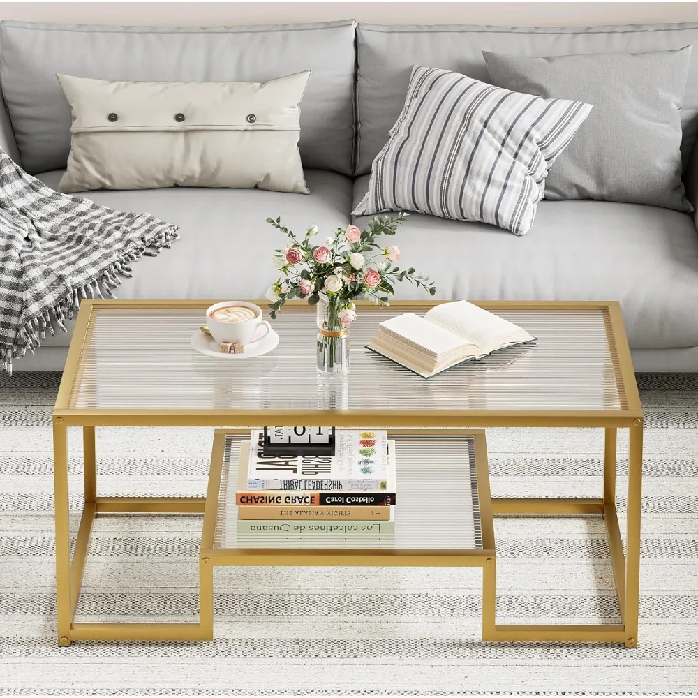 

Coffee Table Gold Glass Coffee Table for Living Room,2 Tiers Rectangle Center Table with Ribbed Glass Top and Sturdy Metal Frame