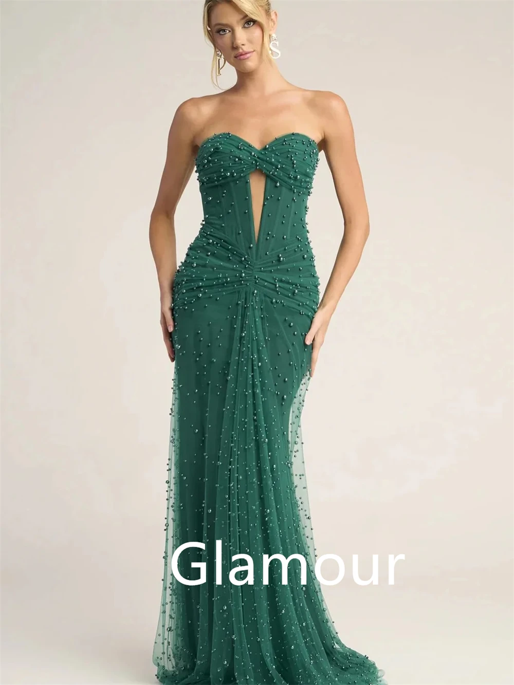 Customized Mermaid Charming Green Tulle Evening Dress Formal Sweetheart Sleeveless Prom Dress Sweep Train Bespoke Occasion Gowns 5