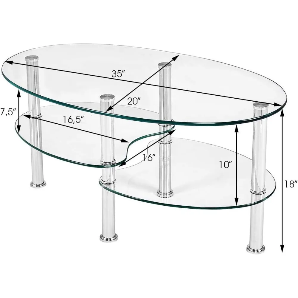 Glass Coffee Table, Modern Style Glass Shelves with Steel Legs for Living Room, Cocktail Tea Table (Clear Glass)