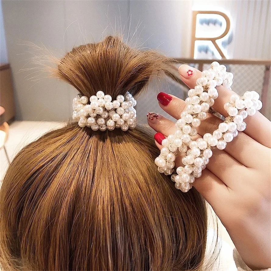 Damen Süße Perlen-Haargummis Mädchen Schleifen-Haarbänder Elastische Haarbänder Scrunchies Gummi-Haarbänder Pferdeschwanzhalter Haaraccessoires – Detail 3