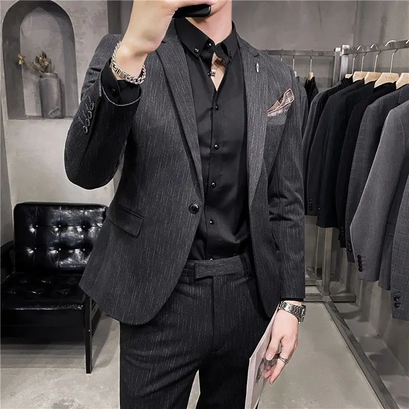 2-B3 Suit suit men\'s handsome slim-fit suit dotted striped jacket bombing street yuppie formal dress three-piece set