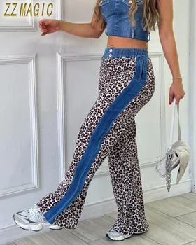 Women's American Vintage Leopard Washed Jeans Jeans Street Casual Hip-hop Wide Leg Denim Trousers Mid-waist Straight Pants