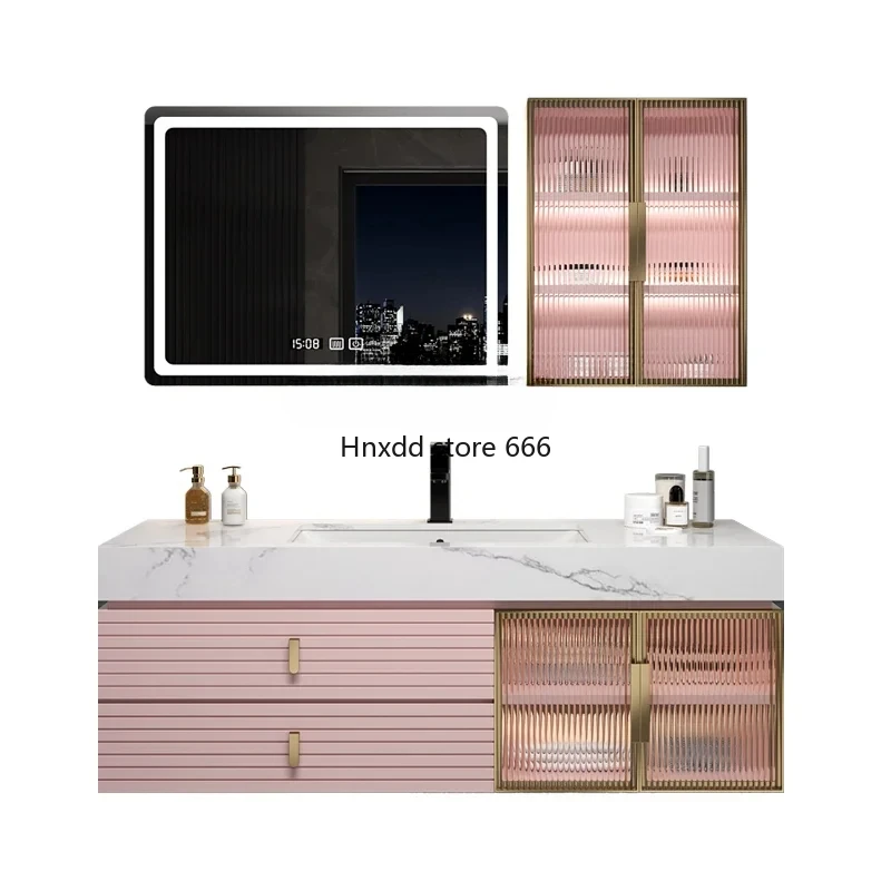 Light Luxury Bathroom Cabinet Combination Stone Plate Whole Washbin Washstand Wall Cupboard Bathroom Solid Wood Cabinet