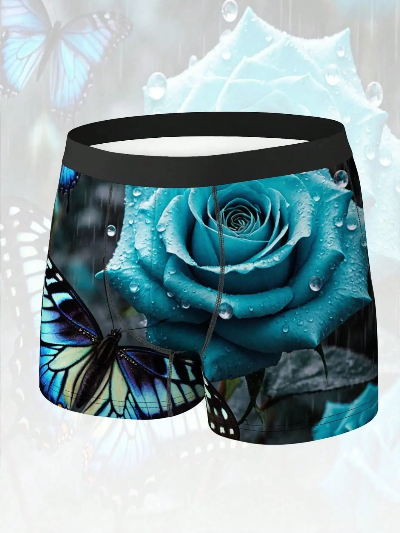

Mens Boxer Briefs Blue Rose Raindrop Print 100% Polyester Soft Breathable Underwear