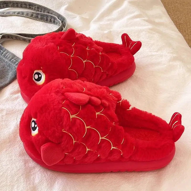 

2025 Autumn Winter New Women's Red Koi Fish Fuzzy Home Slippers Cute Koi Pattern Warm Plush Indoor Home Cotton Shoes