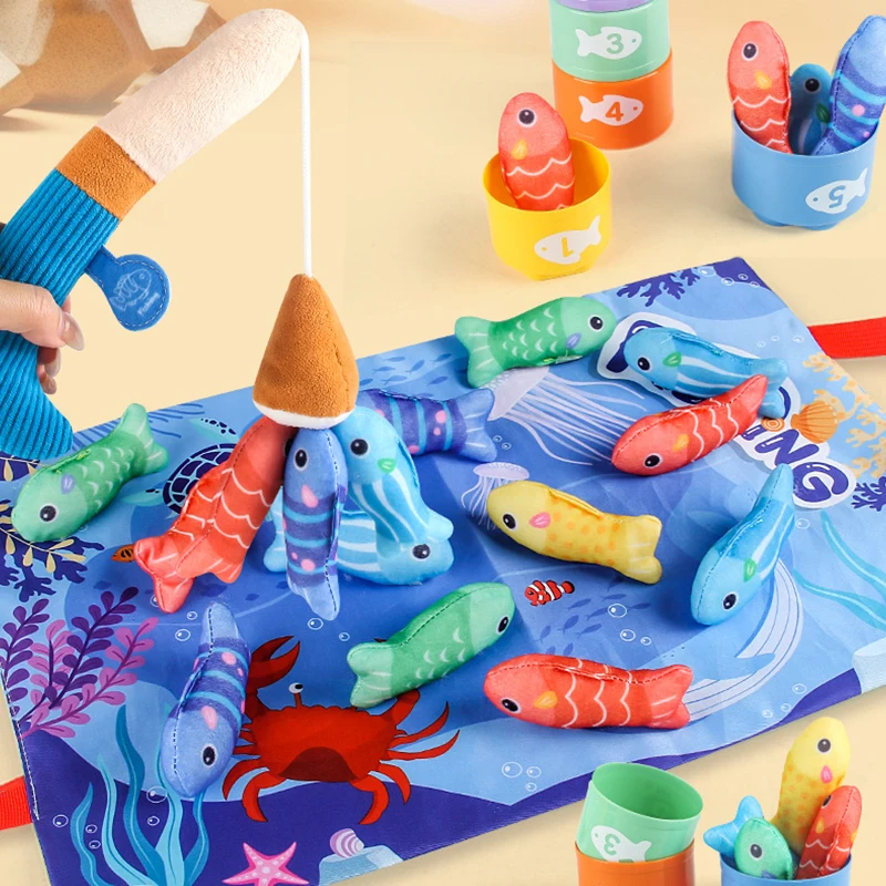 Montessori Toy for Todders Cloth Fishing Game with Stacking Cups Color Sorting Early Education Toy Number Counting Math Toy Gift