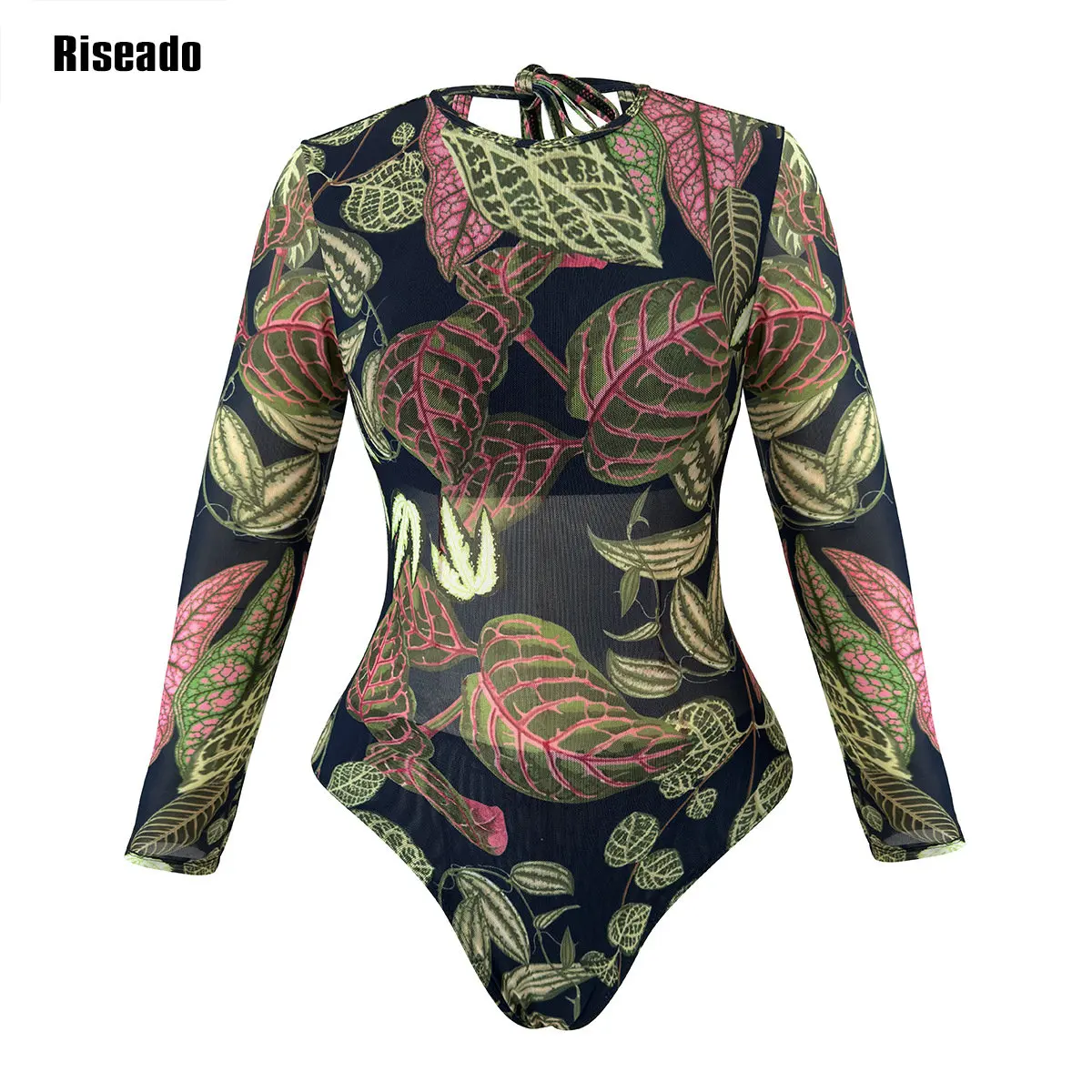 Long Sleeve Mesh Swimsuits for Women - Leaf Print Rash Guard Round Neck Surf One Piece Full Coverage Bathing Suit Large Size