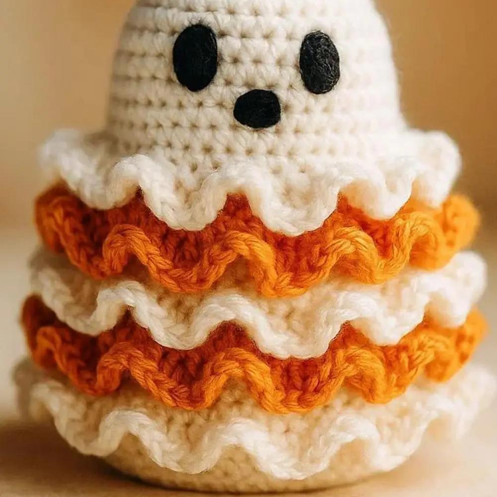 Crochet Ghost Plush Toy Halloween Party Table Decor Handmade Halloween Crochet Ghost Plush with Pumpkin Hat Cute Knitted Ghost