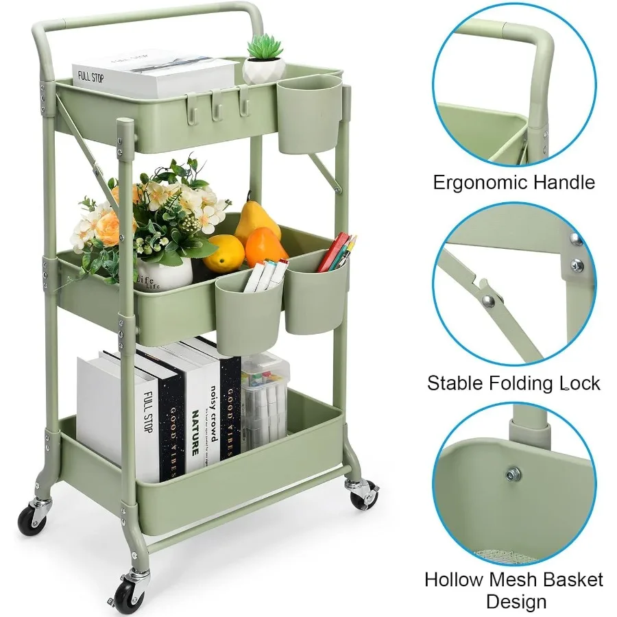 عربة أدوات معدنية قابلة للطي مكونة من 3 طبقات مع قدرات تخزين وتنظيم متعددة الوظائف مثالية للمكتبة المنزلية