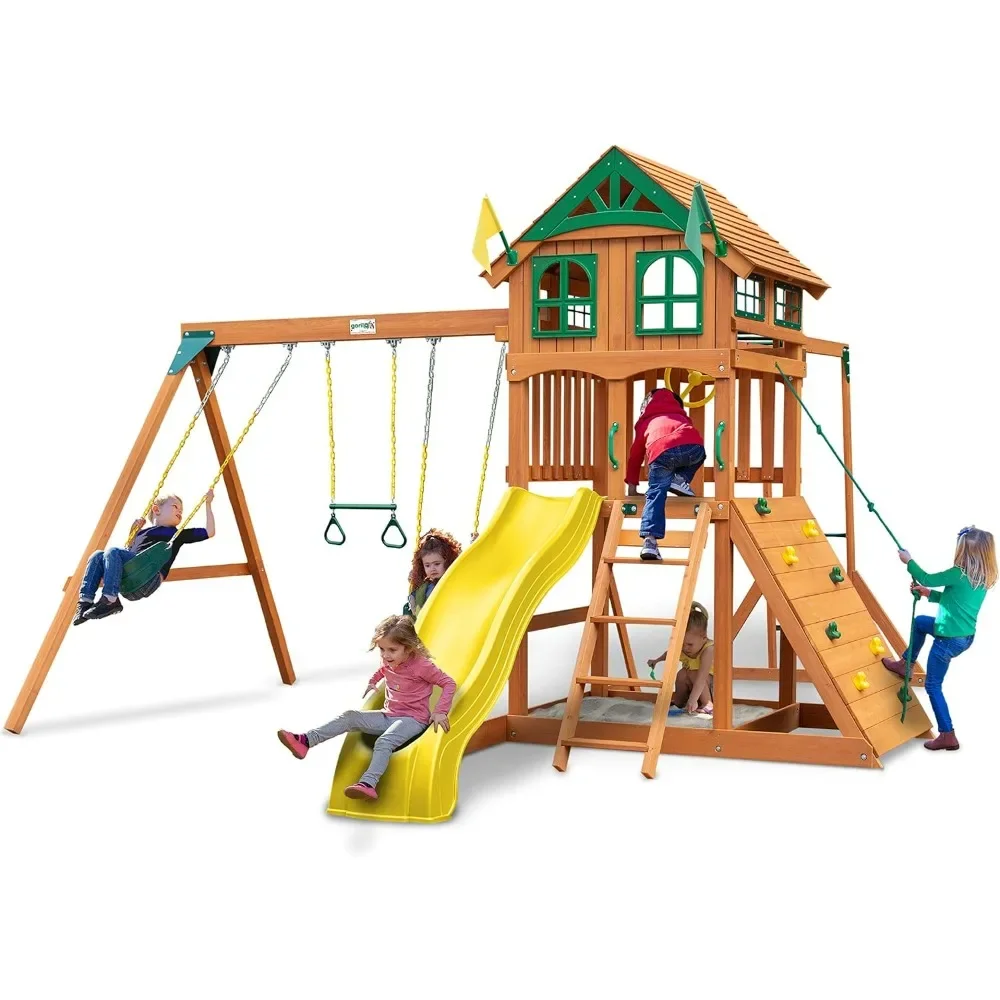 

Gorilla Playsets 01-1069-Y Outing Wood Swing Set with Wood Roof and Monkey Bars - Yellow Slide, Amber