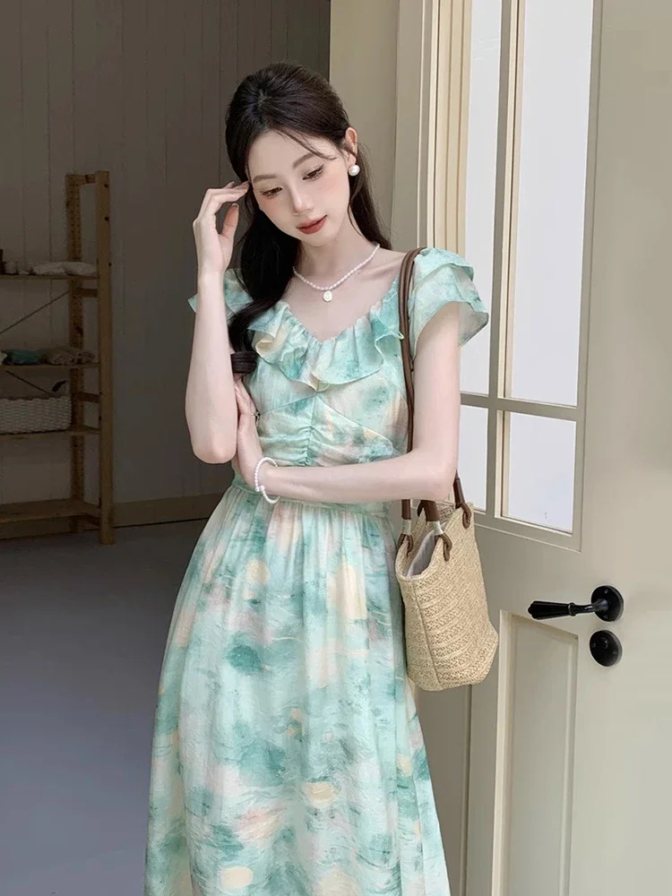 Vintage Gentle Women Dresses V-neck Oil Painting Printed Korea Chic Vestidos 2024 Summer Pleated Waist Slim Ruffled Dress Female