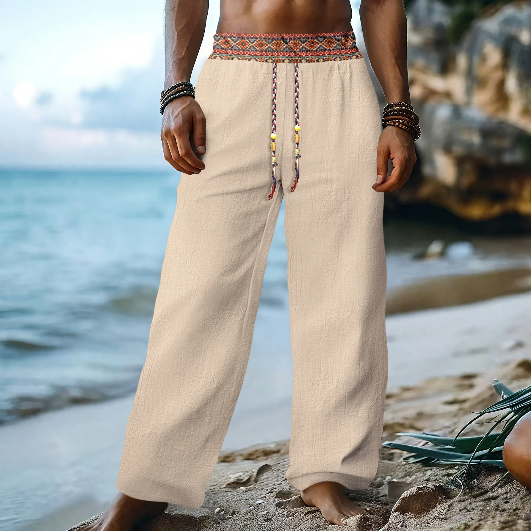 

Vintage Autumn Men Florals Print Pants 2025 New Boho Ethnicity Casual Loose Soft Breathable Tracksuit Pants Straight Leg Pants