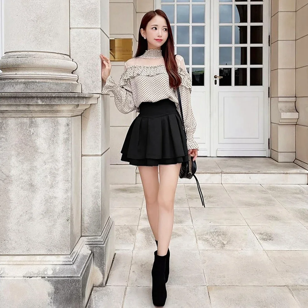 Japanese Style Mini Skirts for Women Mine Mass-Produced Sweet Black Skirt Culottes Autumn Summer Ruffled Pleated Short Skirt