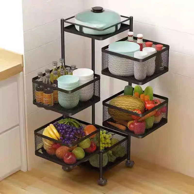 

5 Tier Stackable Metal Basket Rotating Storage Baskets Rack Kitchen Storage Shelf Cube Vegetable Fruit Organizer With Wheels