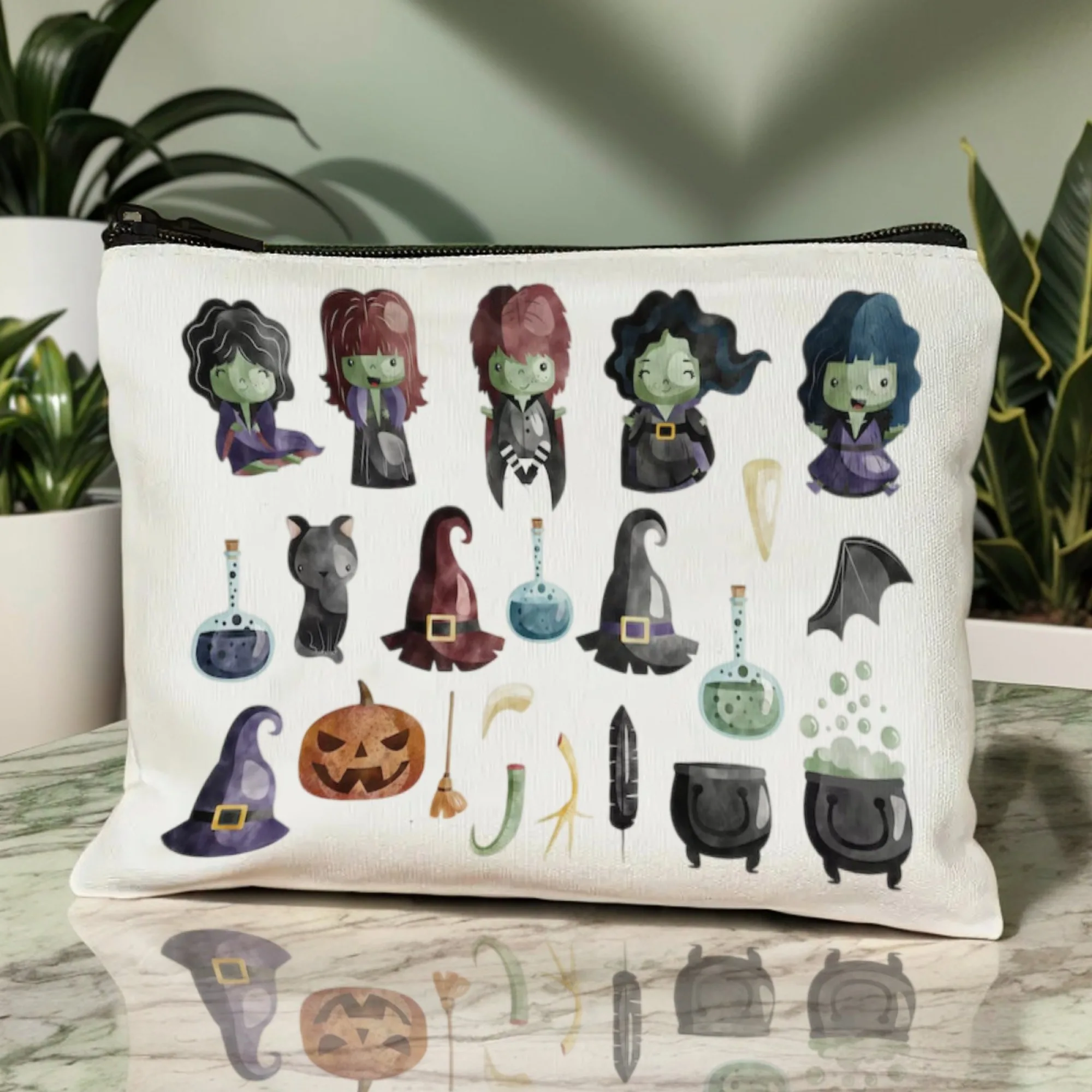 Borsa per cosmetici in tela a tema Halloween, personaggi classici delle streghe, pozioni, cappelli da strega, caldeffer di zucca, accenti per gatti, leggeri